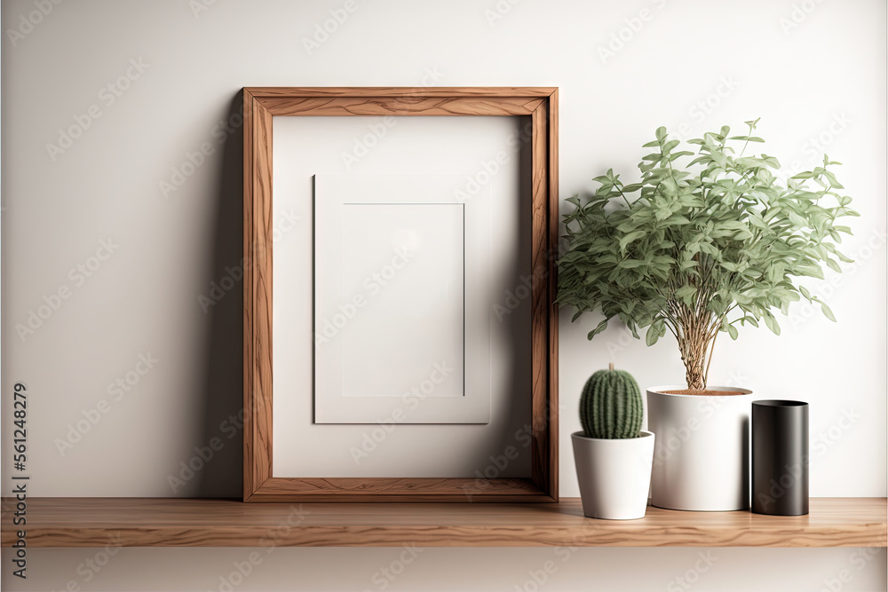 Aufkleber a picture frame sitting on a shelf next to a potted plant and a plant in a vase on a shelf next to a