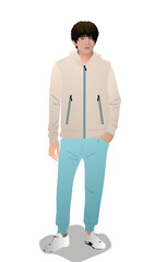 Fototapeta premium young handsome asian person wears zipped sportswear , standing, full length, front view, realistic minimalistic illustration vector