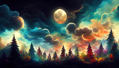 Abstract fairy tale forest landscape background with full moon and dark clouds