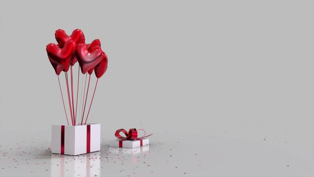 Gift Box Glitter Explode And Heart Shaped Balloons Fly Out White Red valentine copy space