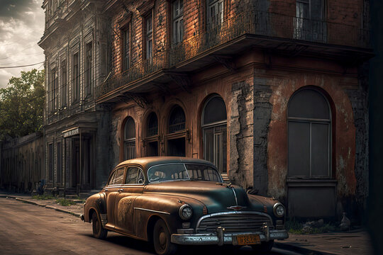 Photo Of Old Car Standing On Road On Street Near Building