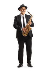 Full length portrait of a mature elegant musician holding a sax