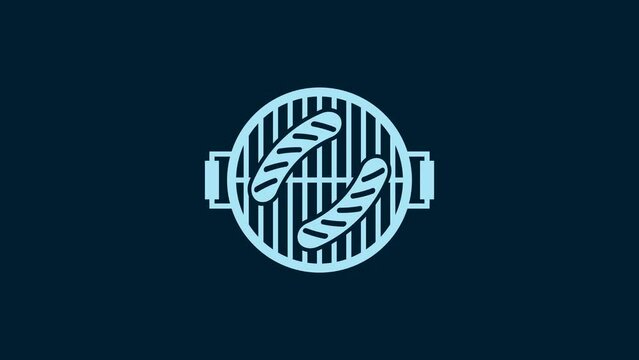 White Barbecue grill with sausage icon isolated on blue background. BBQ grill party. 4K Video motion graphic animation