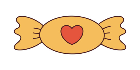 Vector retro candy in a wrapper with a heart. Love and romantic. Happy Valentines day. Sweet food y2k. Yellow bonbon in flat design.