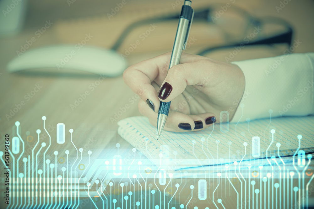 Poster multi exposure of woman's writing hand on background with data technology hud. concept of innovation