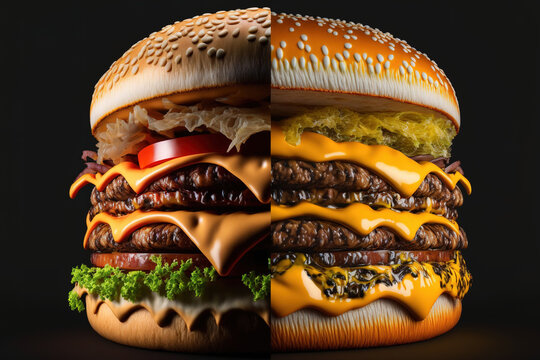 with a dark background, a cheeseburger in close up, and a cheeseburger in macro. Generative AI