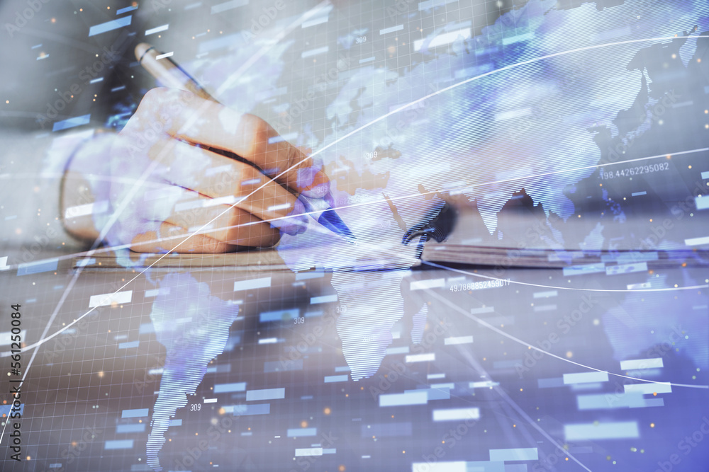 Poster double exposure of writing hand on background with data technology hologram. big data concept.