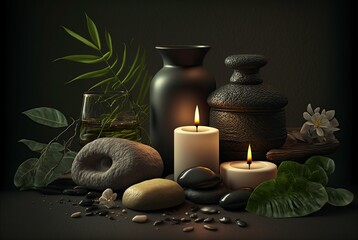 Obraz na płótnie Canvas background of the spa center, candles, plants and massage stones. generated AI