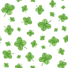 Watercolor seamless pattern with Clover for St. Patrick's Day. Background for cards and banners.