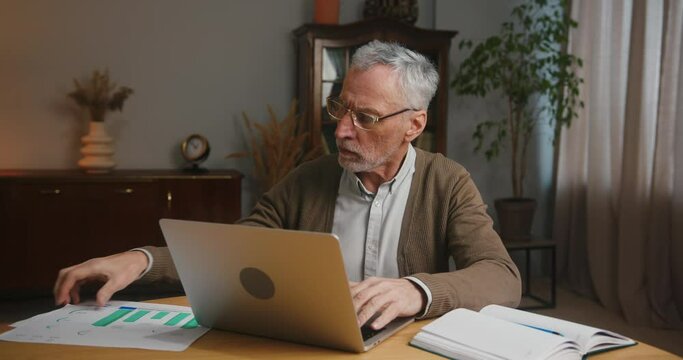 Mature businessman looks at laptop and checks statistics