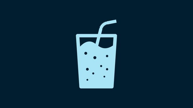 White Glass with water icon isolated on blue background. Soda drink glass with drinking straw. Fresh cold beverage symbol. 4K Video motion graphic animation