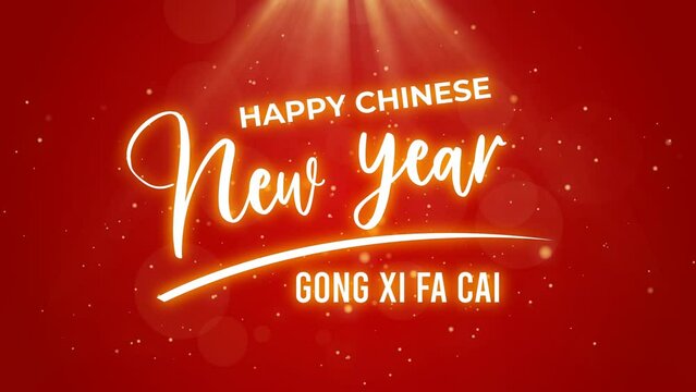 Happy chinese new year animation text with neon style, gong xi fa cai on red background. Suitable for chinese new year celebration or greeting card. Year of the Rabbit.