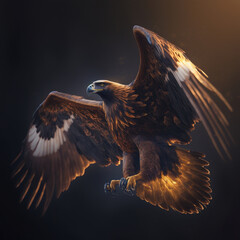 Generative AI illustration of powerful golden eagle in flight with wide open wings - obrazy, fototapety, plakaty