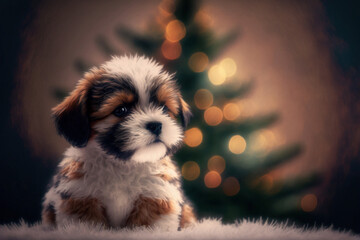 Generative AI illustration of Shih Tzu cute adorable puppy sitting in front of Christmas tree