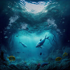 Fototapeta premium Generative AI illustration of underwater ocean scene with fish and sharks swimming and plants on seabed