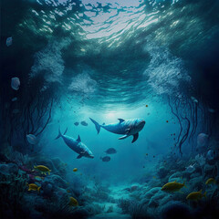 Fototapeta na wymiar Generative AI illustration of underwater ocean scene with fish and sharks swimming and plants on seabed
