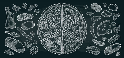 Set slice pizza Pepperoni, Hawaiian, Margherita, Mexican, Seafood, Capricciosa with ingredients. Vintage vector engraving