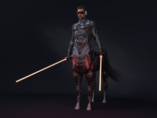 3D render : portrait of futuristic male centaur armed with light laser sword, cyberpunk concept