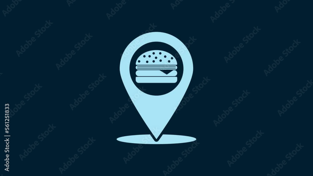 Poster white map pointer with fast food burger icon isolated on blue background. 4k video motion graphic an