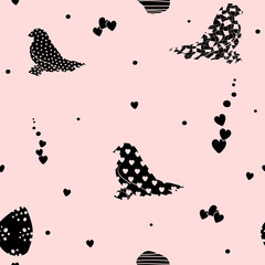 Bird seamless pattern. Print with abstract texture, polka dots and hearts. Animal print, packaging template, clothing, textiles, bedding and wallpaper.