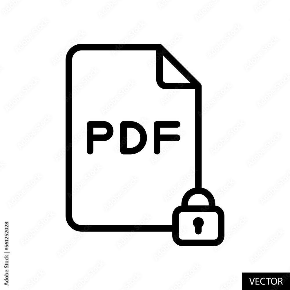 Poster password protected pdf file, encrypted, locked document vector icon in line style design for website