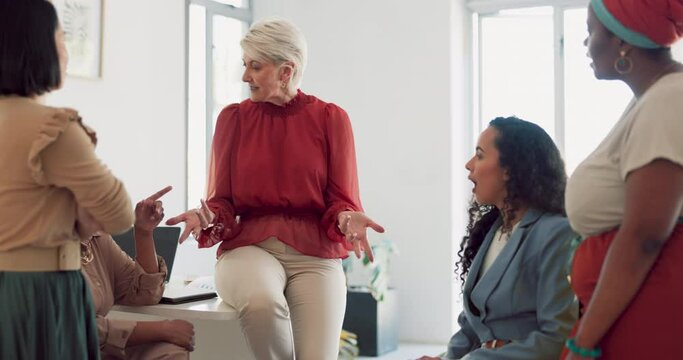 Meeting, collaboration and a senior female leader coaching her team in the office for learning or strategy. CEO, training and planning with a business woman or mentor talking to an employee group