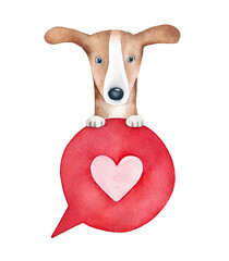 Watercolour illustration of little cute dog holding huge speech balloon with love heart inside. Hand painted sketchy drawing, isolated clipart element for design decoration, greeting card, banner. - obrazy, fototapety, plakaty