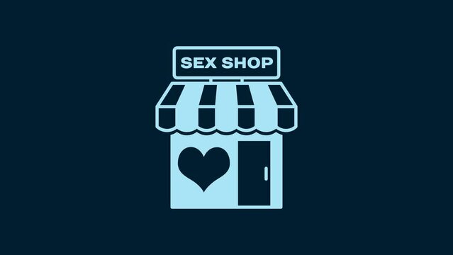 White Sex shop building with striped awning icon isolated on blue background. Sex shop, online sex store, adult erotic products concept. 4K Video motion graphic animation