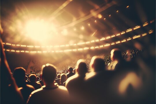 view of basketball arena with flashes from sports fans in the stands and lens flare effect. Generative AI
