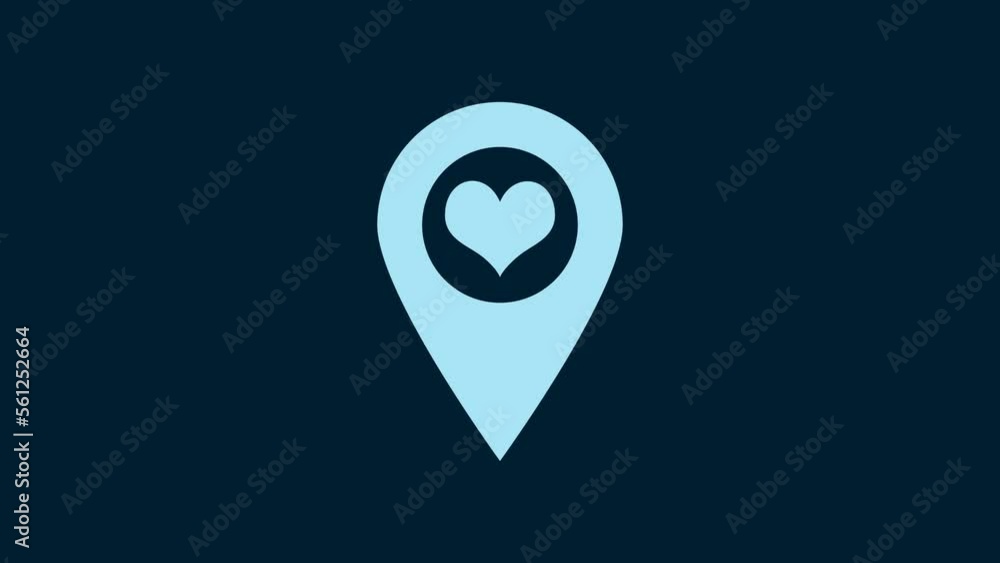 Poster white map pointer with heart icon isolated on blue background. 4k video motion graphic animation
