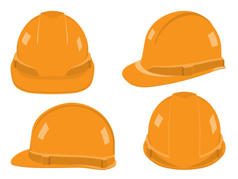 Orange safety helmet for construction isolated on white background vector illustration. View form front, side, and back