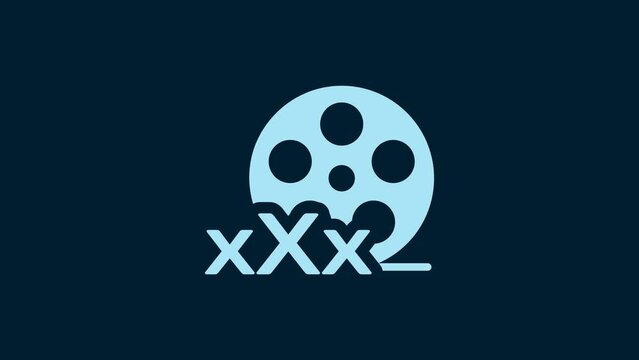 White Film reel with inscription Sex icon isolated on blue background. Age restriction symbol. 18 plus content sign. Adult channel. 4K Video motion graphic animation