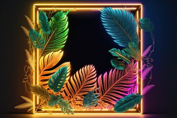 Colorful tropical leaves with neon frame on dark background. AI 
