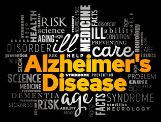 Alzheimer's Disease is a neurodegenerative disease that usually starts slowly and progressively worsens, word cloud concept background