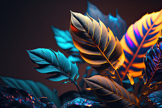 Colorful tropical leaves creative background.  Generative AI.	