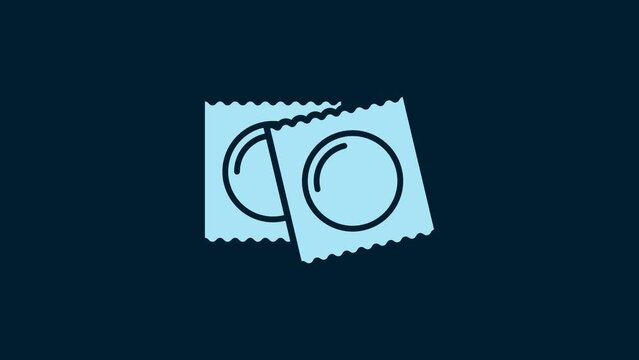 White Condoms in package safe sex icon isolated on blue background. Safe love symbol. Contraceptive method for male. 4K Video motion graphic animation