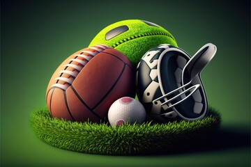sports equipment on grass, football, rugby, baseball, cricket, basketball. Generative AI