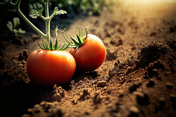 Closeup of ripe tomatoes growing on soil, ai generative illustration.