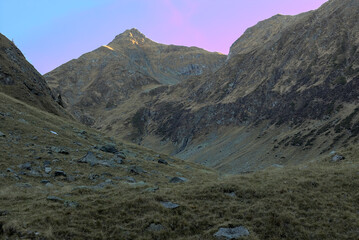 Mountain landscape in late autumn in the Carpathian Mountains, Romania. Fagaras. Tourist and geological landmark. Autumn landscape in high mountains.