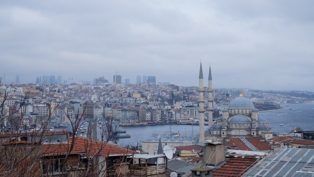 Istanbul Turkey . City landscape , panoramic photo . 
view from the top. Mosque and sea view.