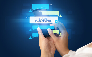 Hand using smartphone with social media concept