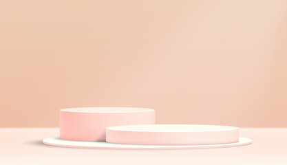 Podium product display background on geometric platform.. Vector 3d rendering podium on beige pastel background. Product presentation, show cosmetic products..