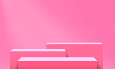 3d pink background with pedestal podium display. Pastel studio room scene with pedestal platform design. Minimal wall scene mockup. Vector