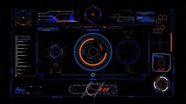 Alien spaceship Screen. Universal HUD, UI Graphic Elements. Sci Futuristic User Interface. Digital Data Flow Calculations. IT Technology on Virtual Screen.