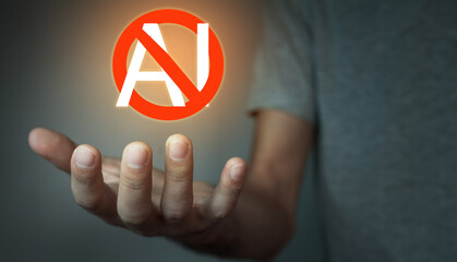 Man showing No AI symbol. Stop AI