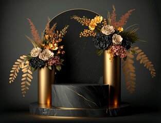 black and gold marble display podium for luxury product advertising with a beautiful black background with flowers, generative ai
