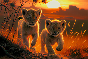 
Niedliche Löwenbabys spielen zusammen in der Savanne, schöne Naturszene in afrikanischer Wildnis, generative ai