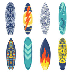 Cartoon surfing board with ethnic pattern. Equipment for summer activity or extreme sport. Surfboards with different prints as flame