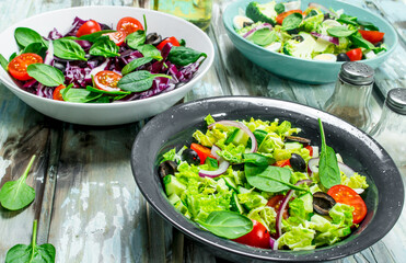 Vegetable salad. A variety of organic salads, vegetables with olive oil and spices .