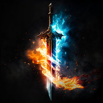A blue and red flamed fire sword - Cool sword illustration